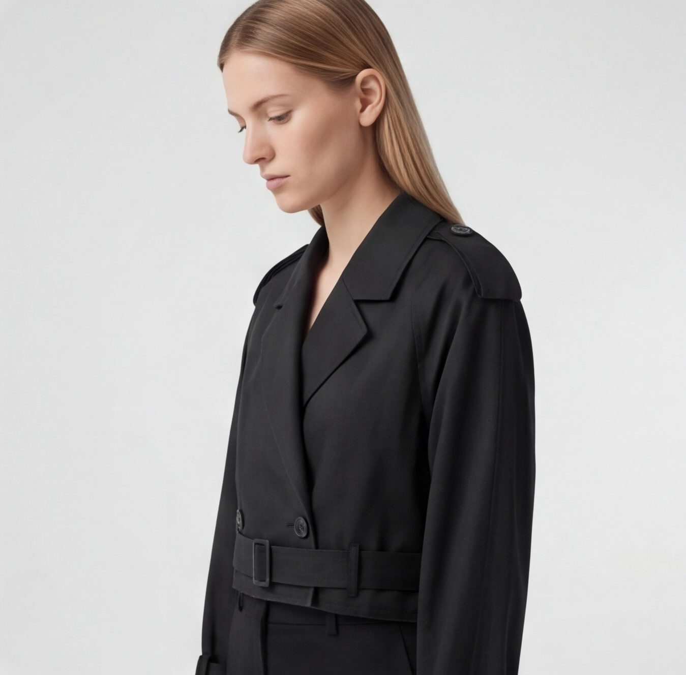 Trench court femme noir, vue de face cadrage resserré