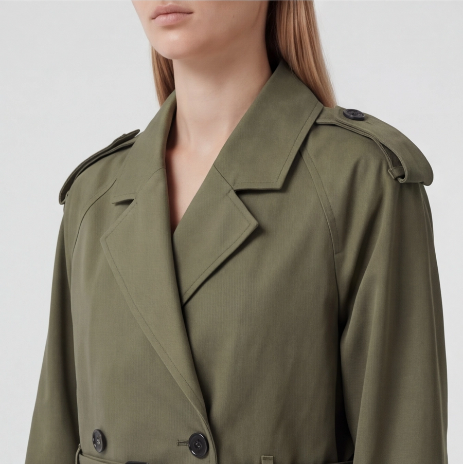 Trench court femme vert légion, vue légèrement de côté