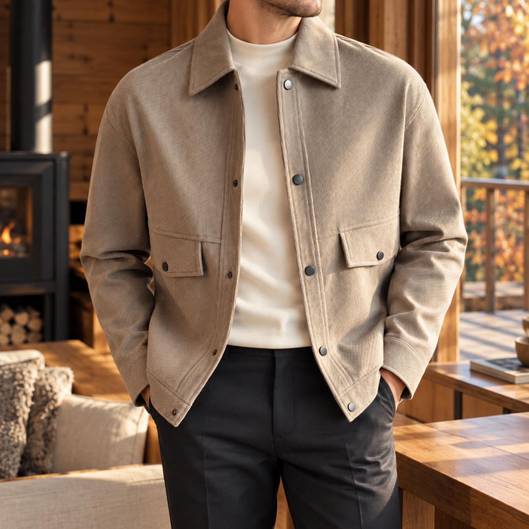 Veste homme abricot à col chemise et boutons pression, portée ouverte sur un pull clair