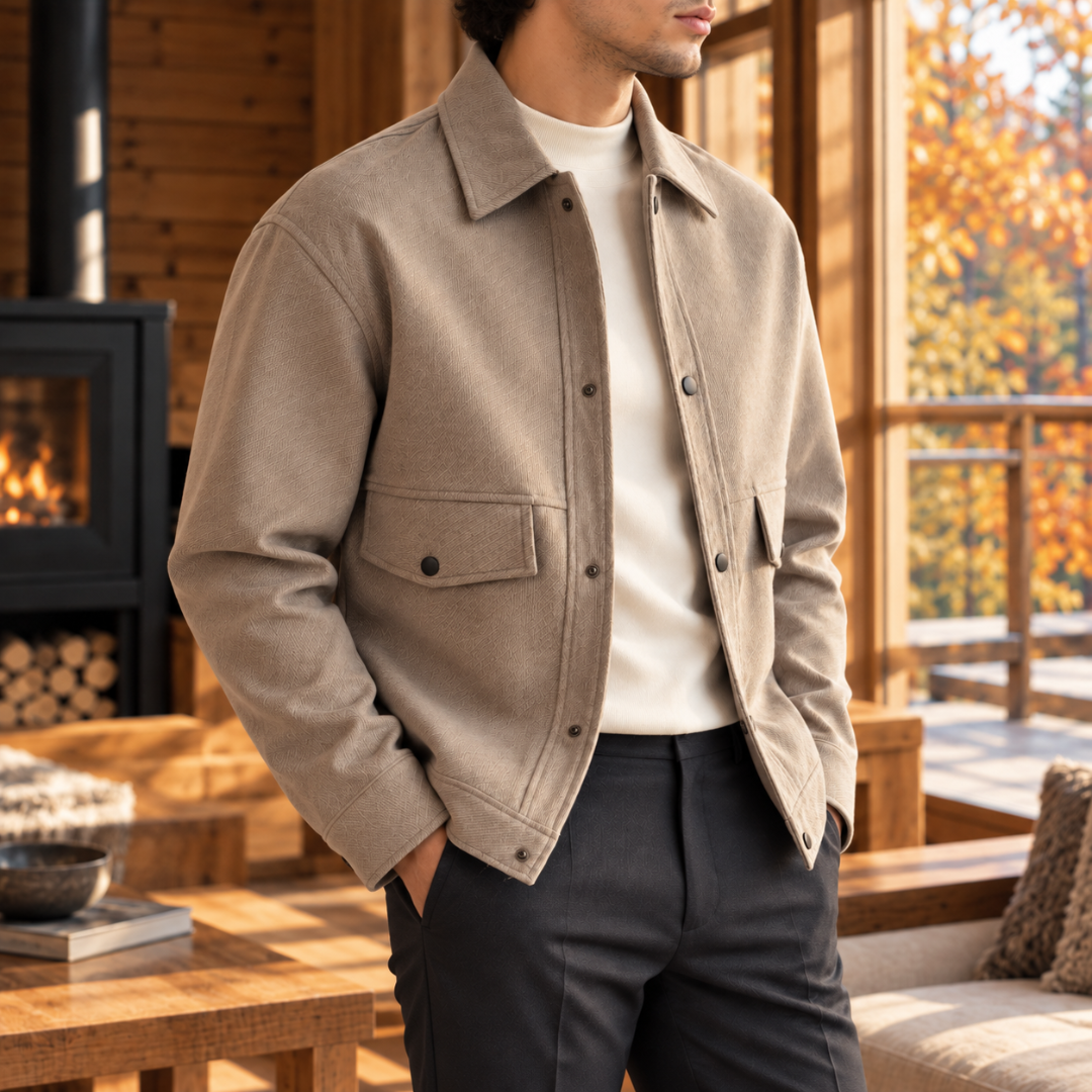 Veste homme abricot de trois quarts, col pointu et poches poitrine à rabat bien visibles