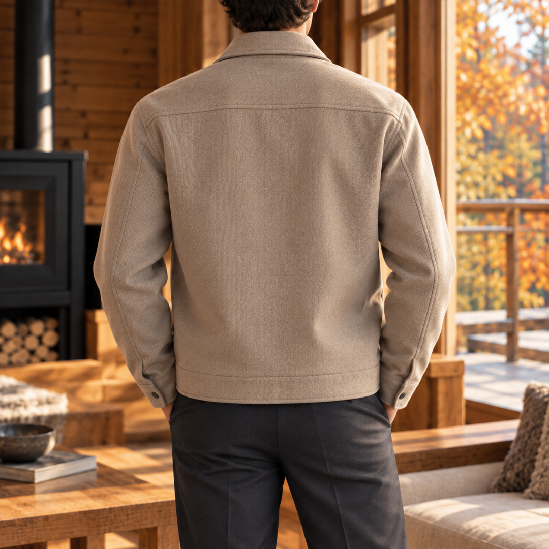Dos de la veste homme abricot avec empiècement surpiqué et bas droit à bande
