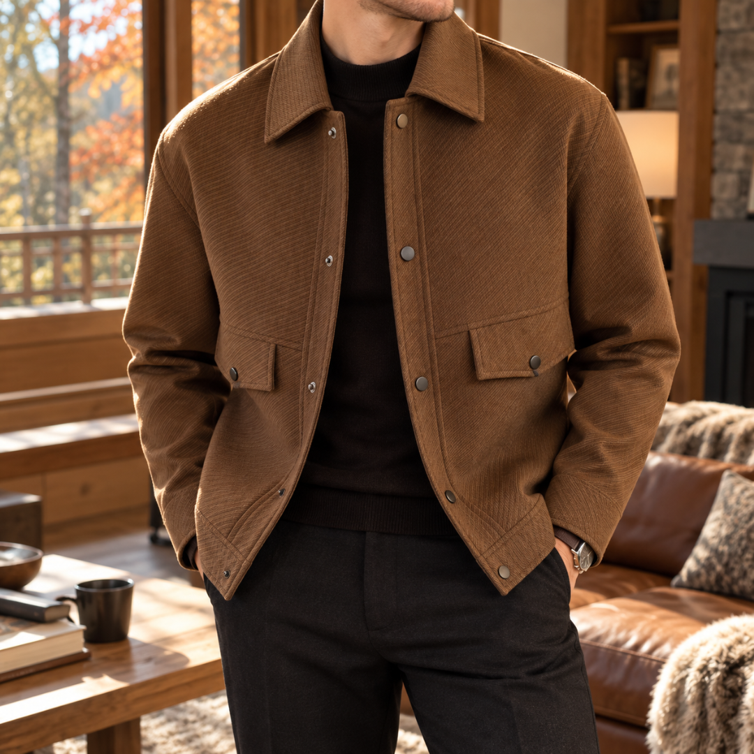 Veste homme marron à boutons pression, portée ouverte sur un pull foncé et un pantalon noir