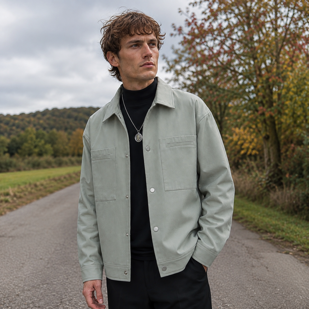 Veste homme verte à col chemise et pressions argentées portée sur col roulé noir