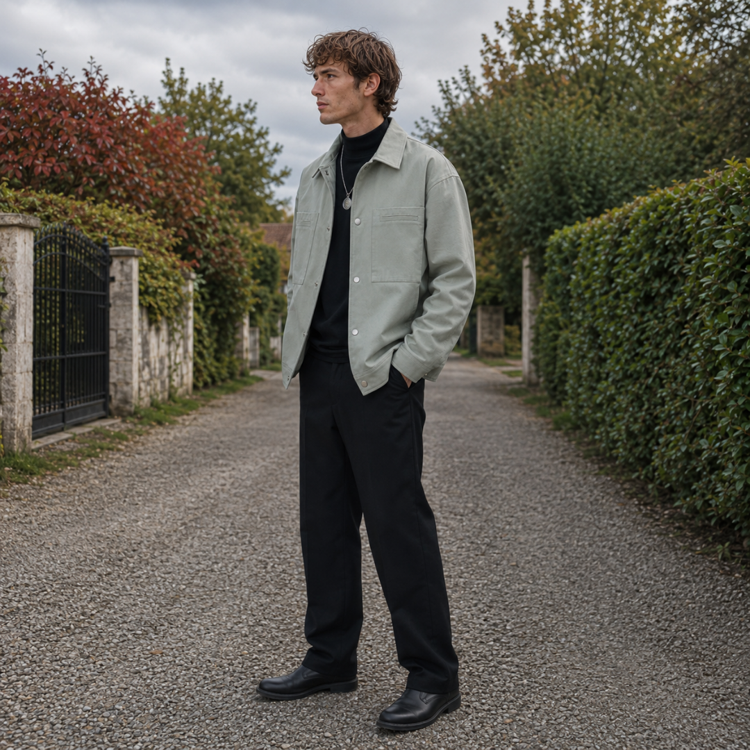 Silhouette complète de la veste verte courte avec pantalon noir droit et chaussures noires