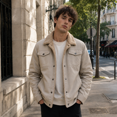Veste homme beige avec col bouclé et boutons pression, portée ouverte en ville