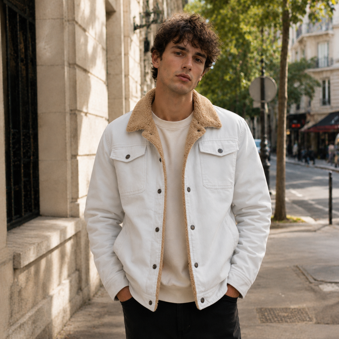Veste homme blanche à col bouclé contrastant et poches poitrine à rabat