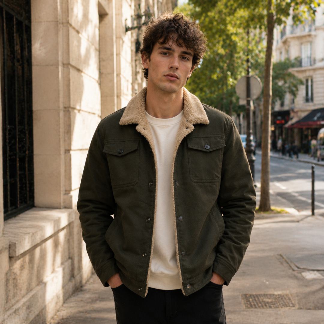 Veste homme verte à col bouclé et poches poitrine à rabat, portée ouverte