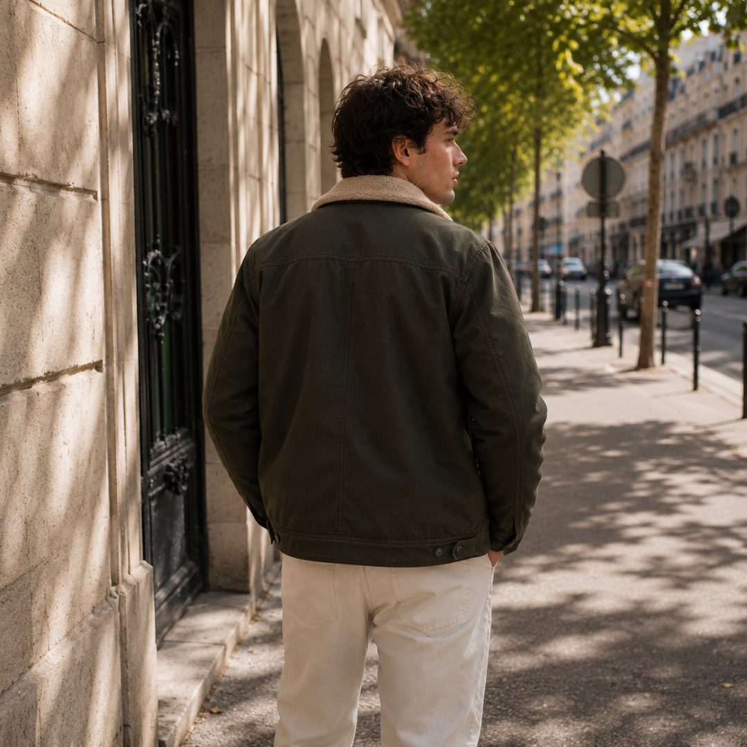 Dos de la veste verte homme avec pattes boutonnées au bas et col bouclé