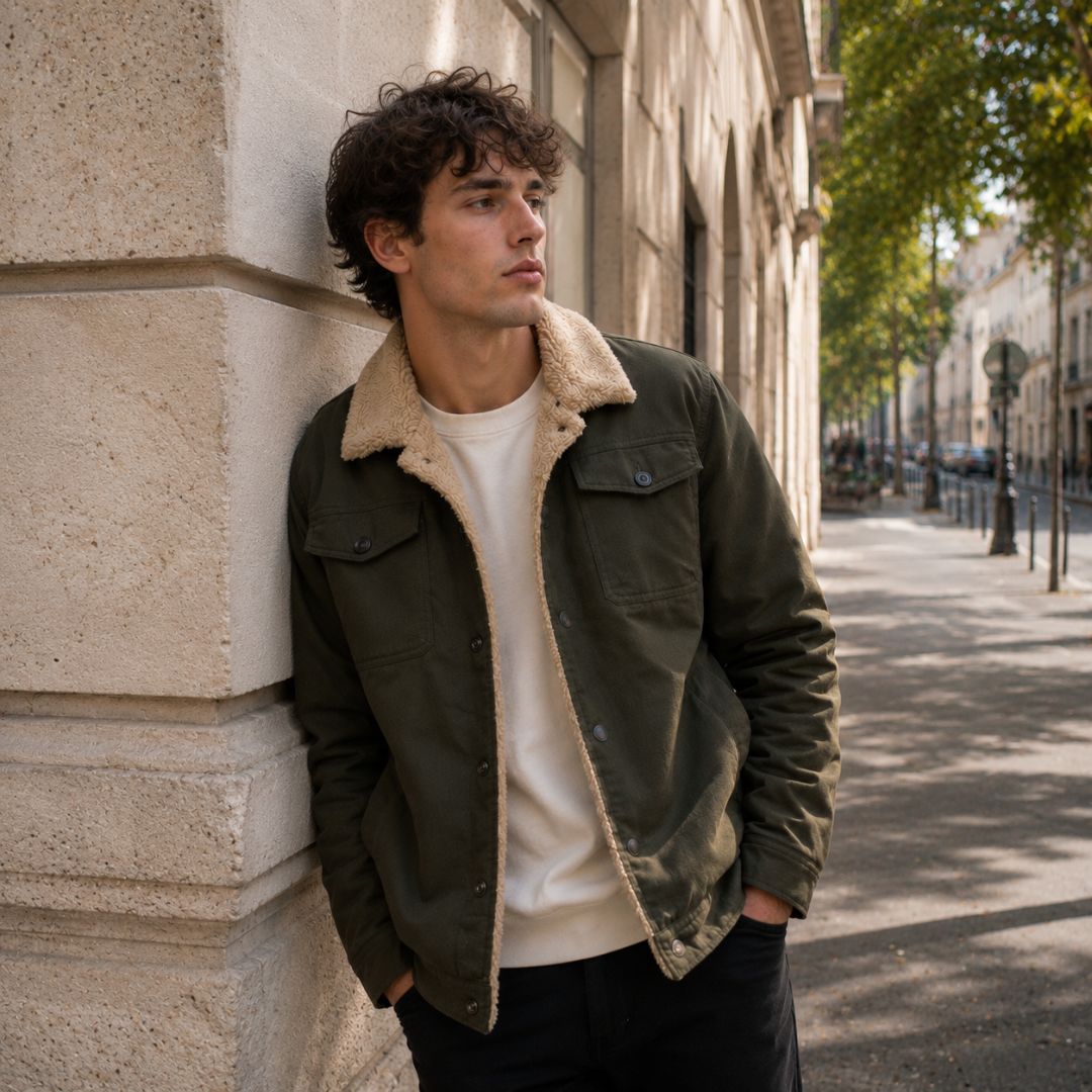 Veste homme verte de près, bordure bouclée le long de la fermeture boutonnée