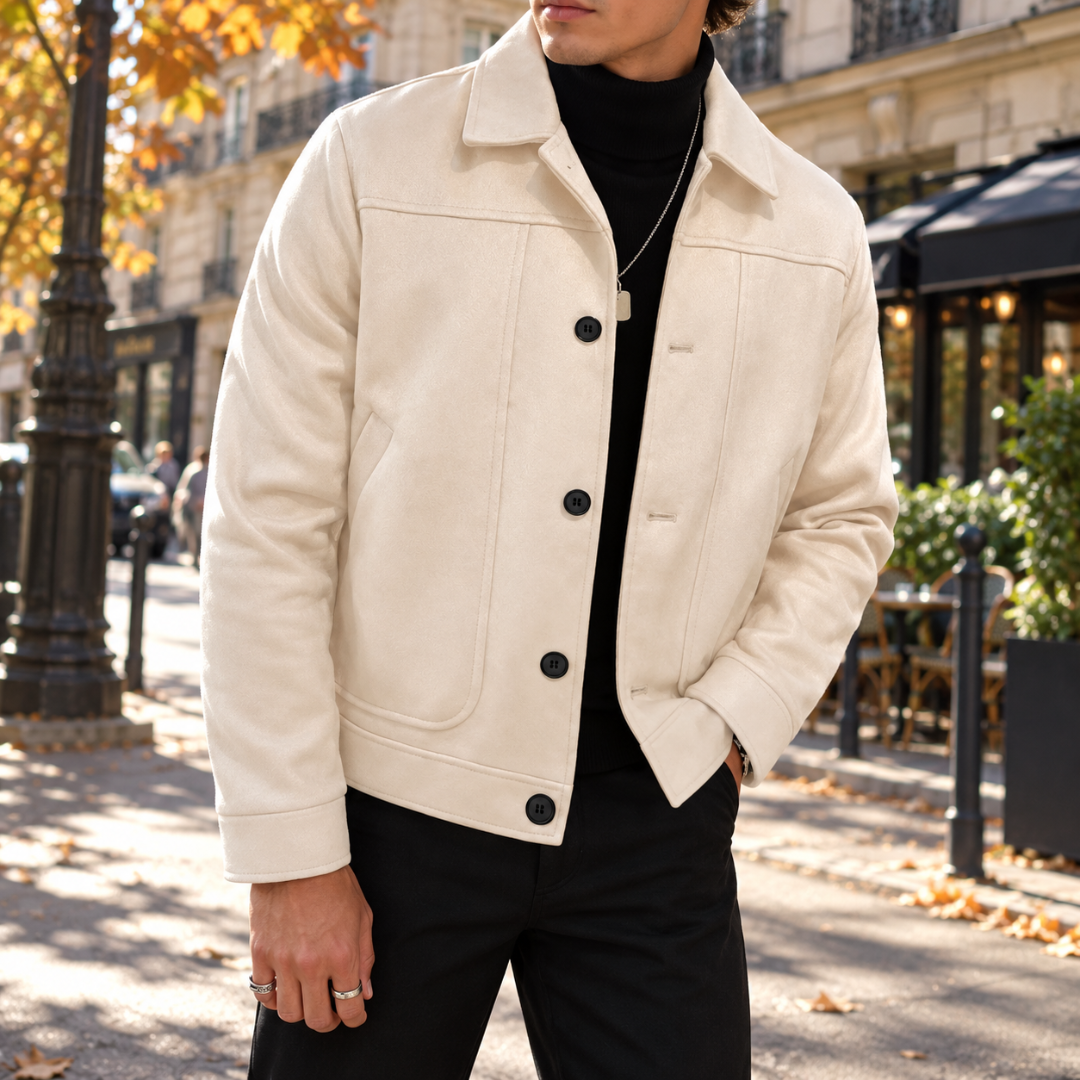 Veste homme abricot à col chemise et boutons noirs, vue de face rapprochée