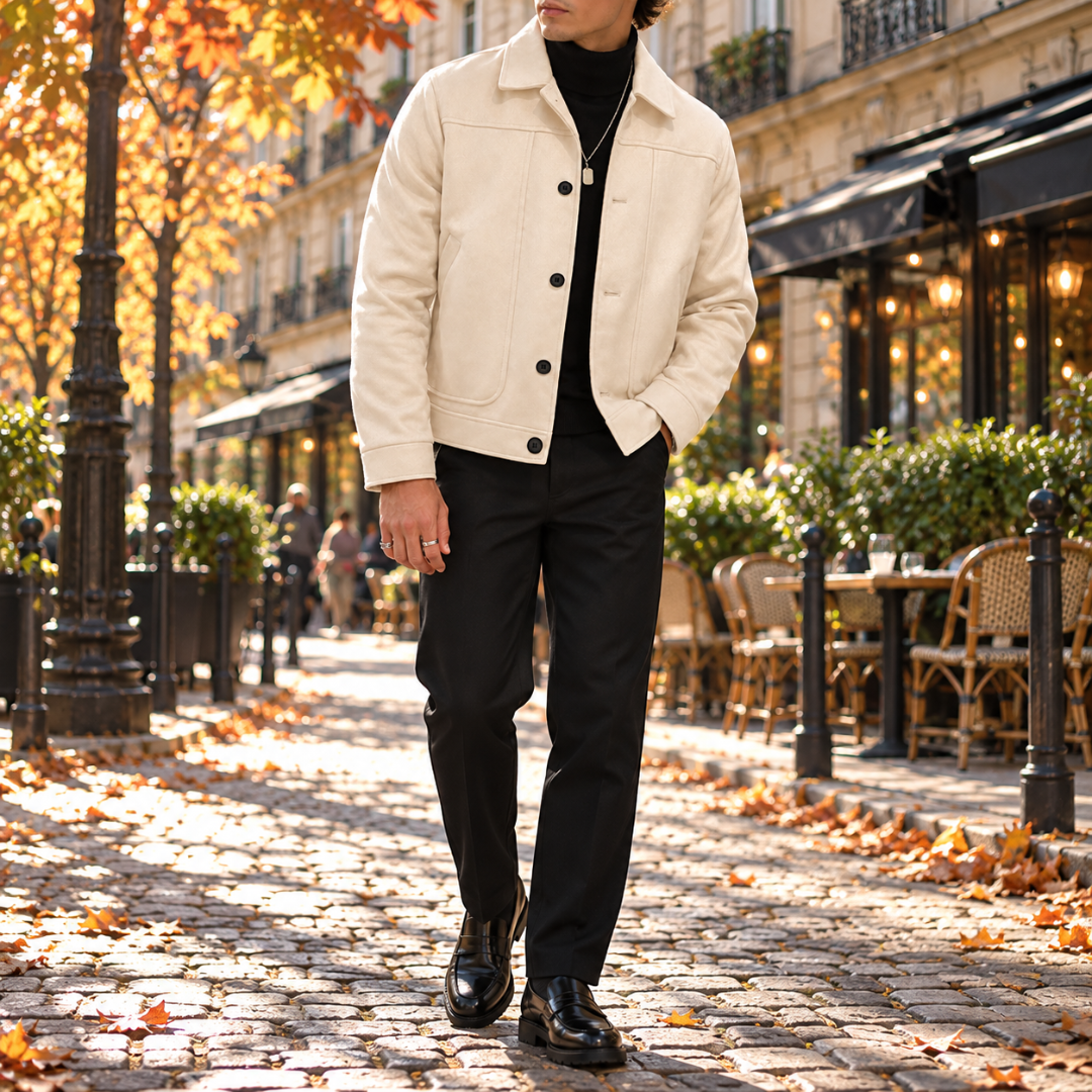 Veste homme abricot courte portée avec un pantalon noir, silhouette entière en rue