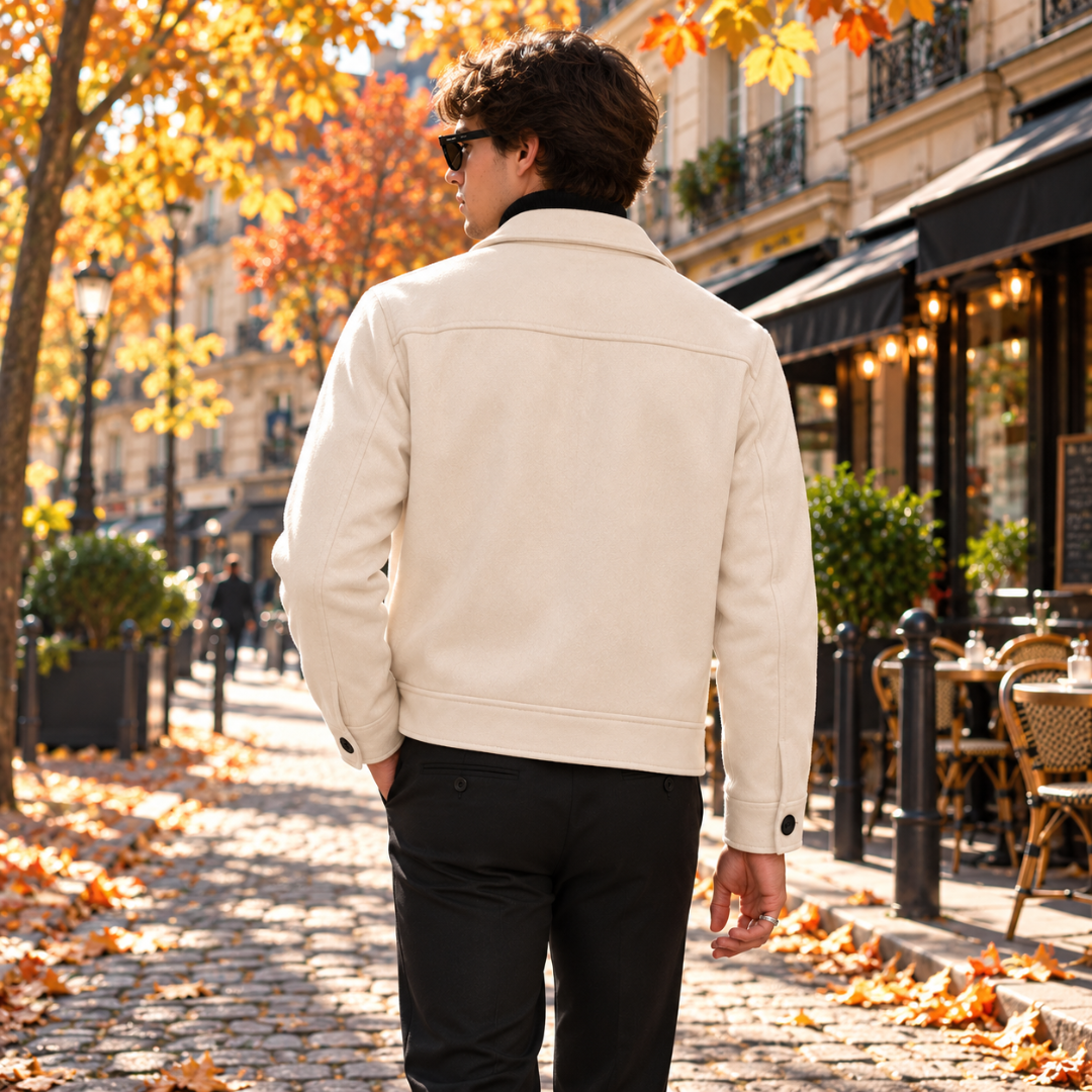 Dos de la veste homme abricot avec empiècement surpiqué et poignets boutonnés