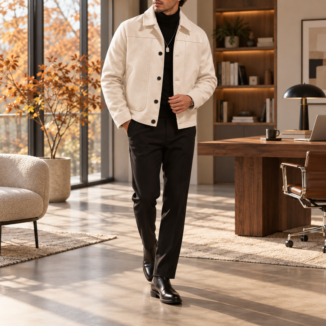 Veste homme abricot clair à col chemise, boutons contrastants et poches plaquées