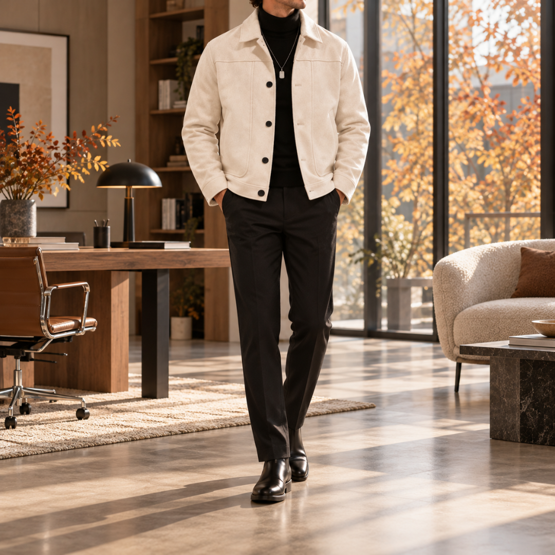 Veste homme blanche à col chemise et boutonnage simple portée sur un col roulé noir