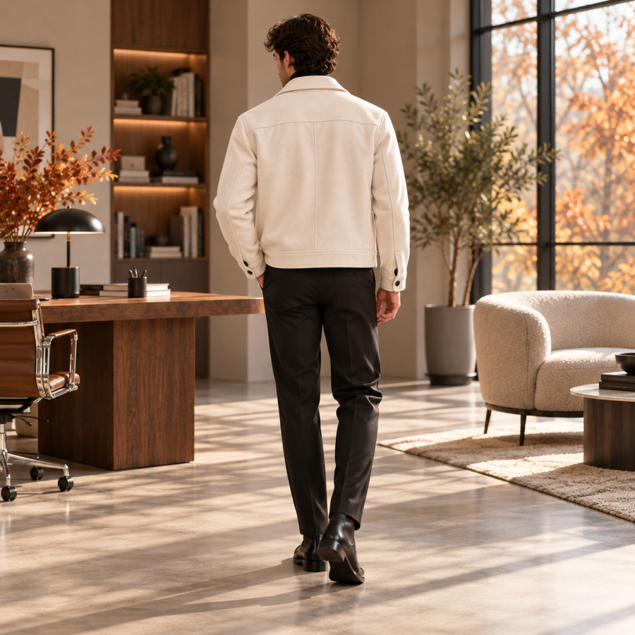 Dos de la veste homme blanche montrant les empiècements horizontaux et les poignets boutonnés