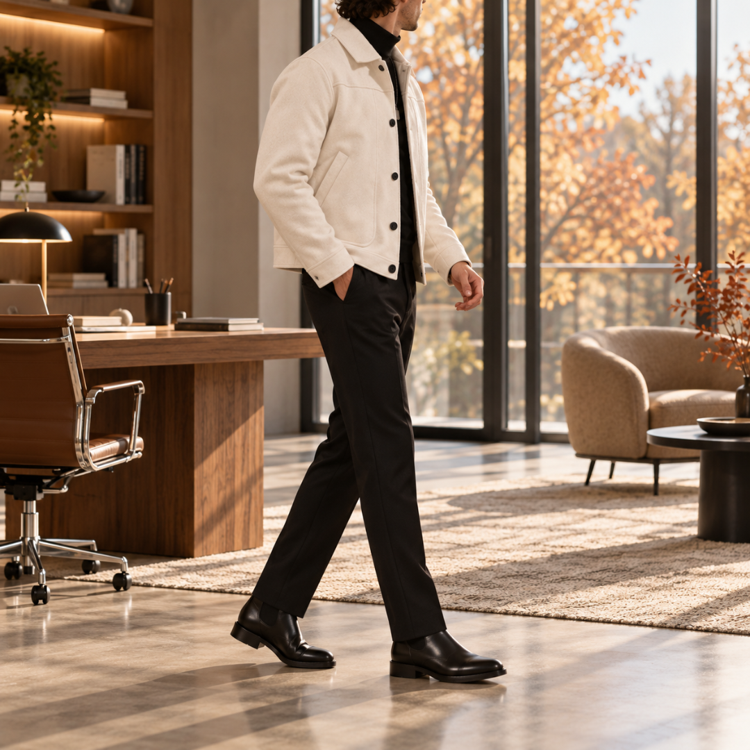Veste homme blanche vue de profil avec poche plaquée et bas droit à la taille
