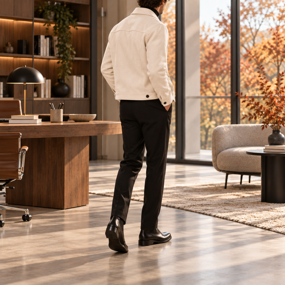 Veste blanche homme vue de trois quarts dos, col chemise et couture horizontale au dos