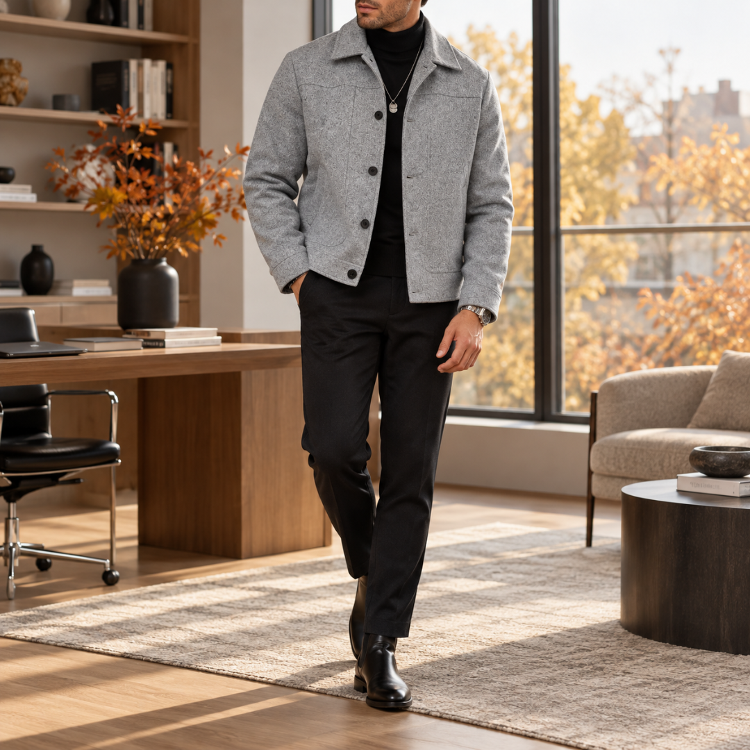 Veste homme grise à col chemise avec boutonnage simple et empiècements sur le buste