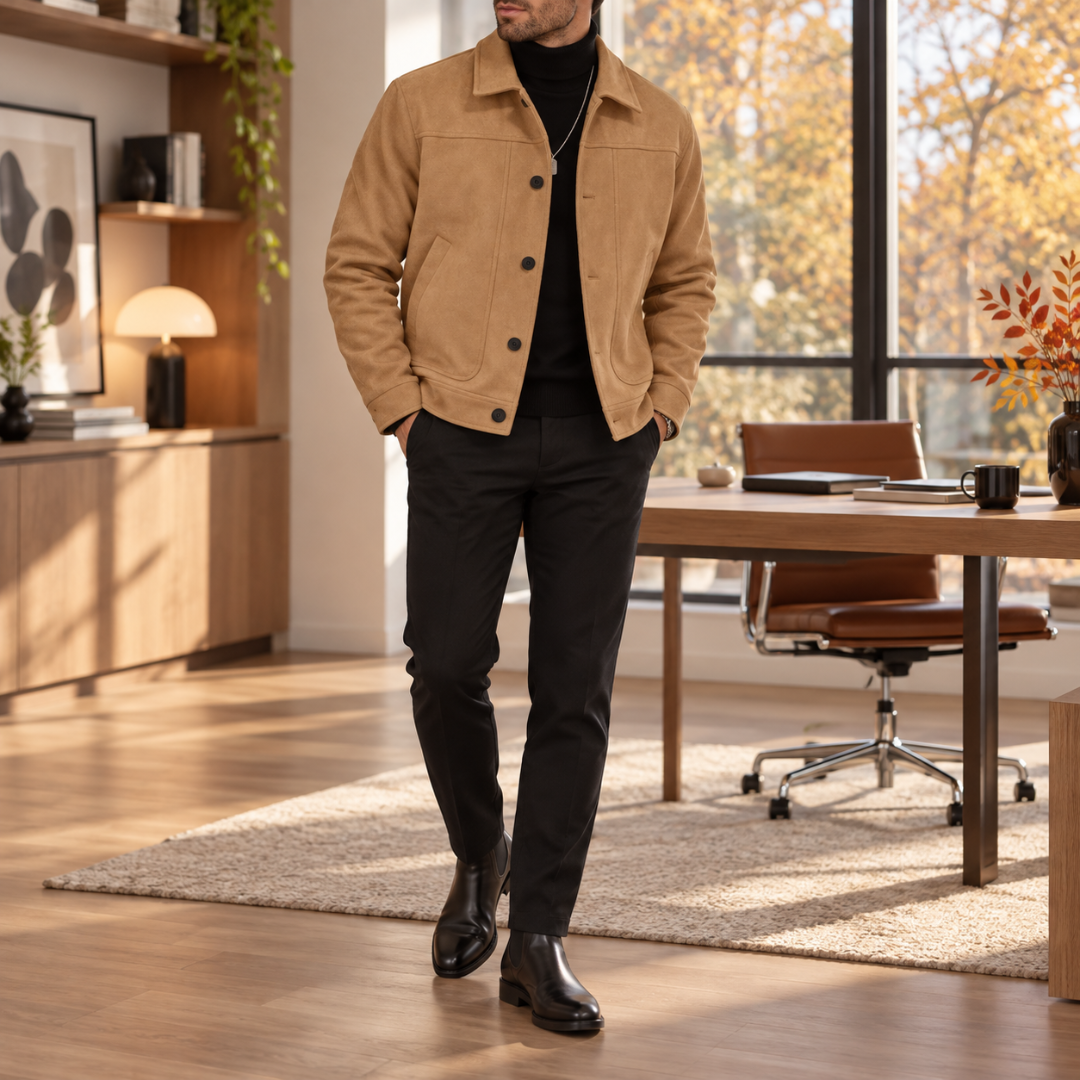 Veste homme kaki à col chemise ouverte sur un col roulé noir et pantalon droit