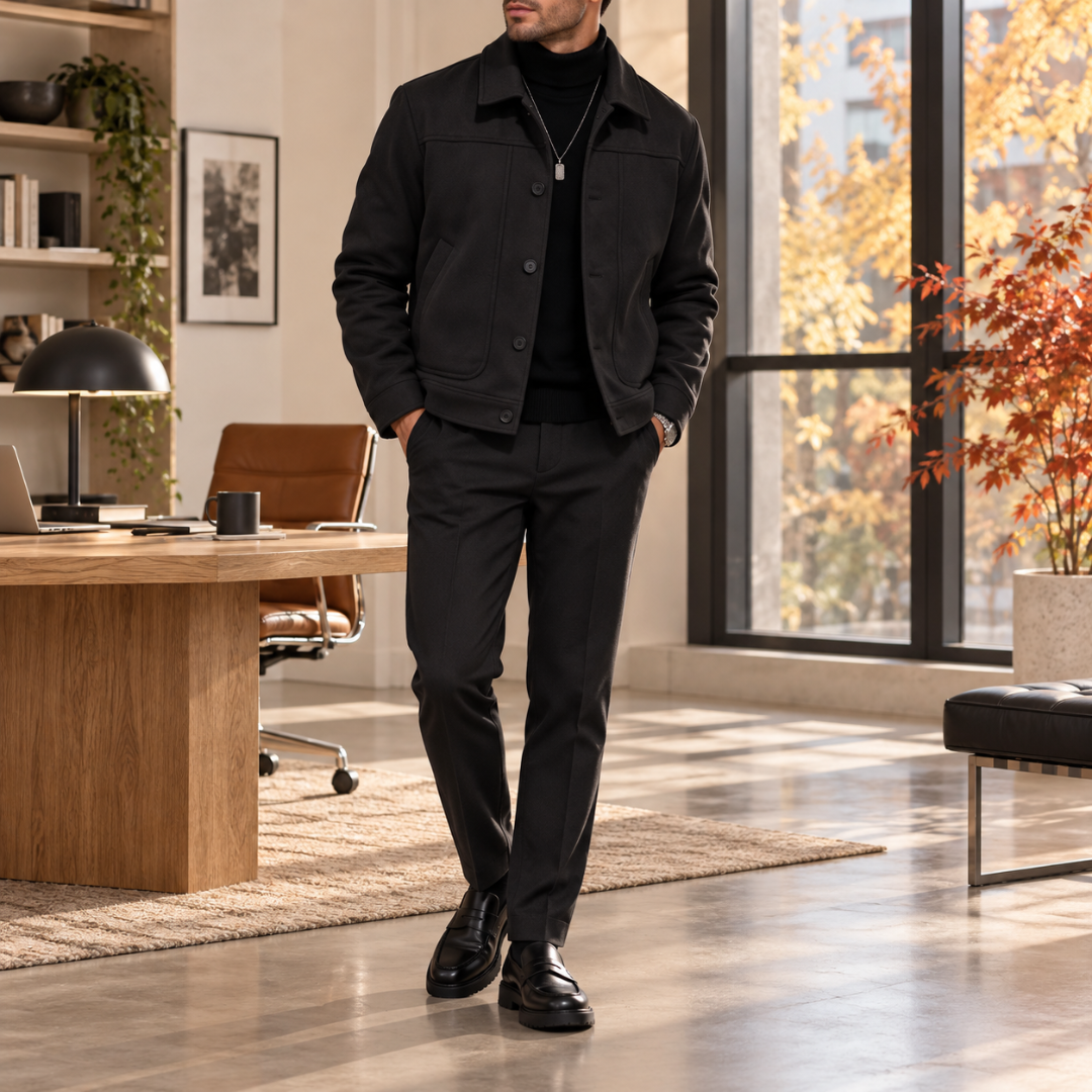 Veste homme noire à col chemise, poches plaquées et poignets boutonnés, allure monochrome