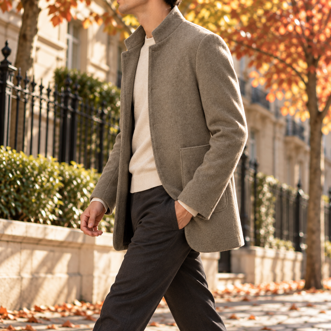 Veste homme beige de profil, col montant et poche plaquée sur la hanche