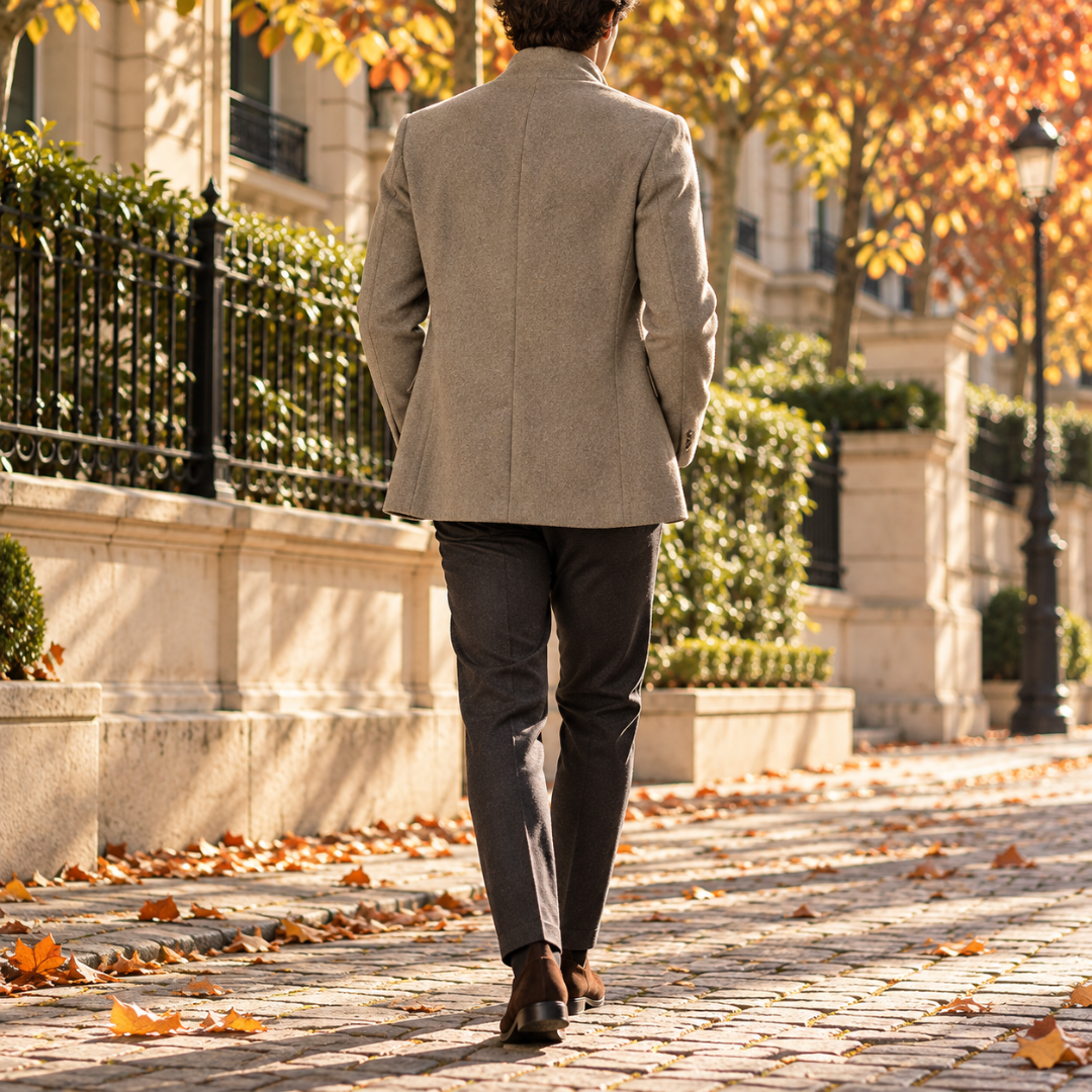 Dos de la veste homme beige à couture centrale et col montant relevé