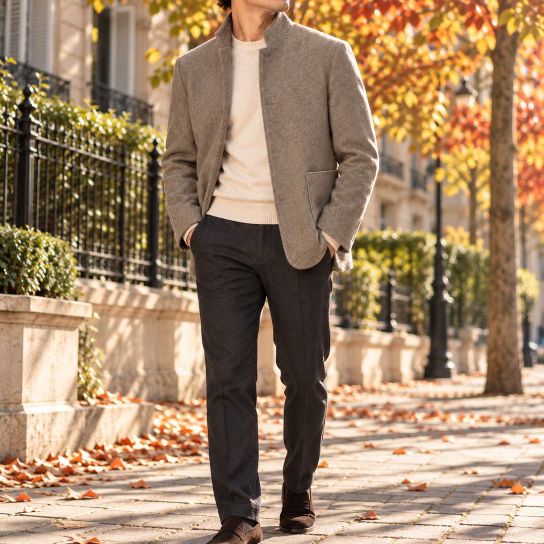 Veste homme beige portée ouverte sur un pull clair et un pantalon droit