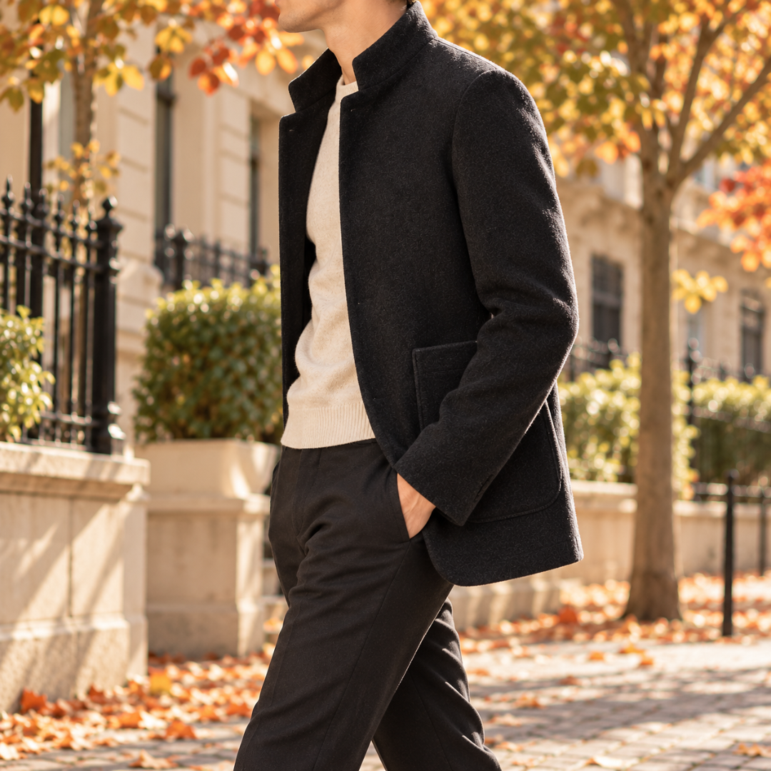 Veste homme noire vue de profil avec poche plaquée et manches longues