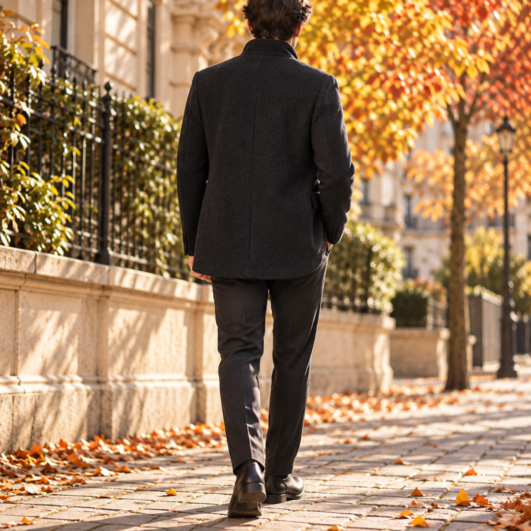 Dos de la veste homme noire au col montant et à la coupe structurée