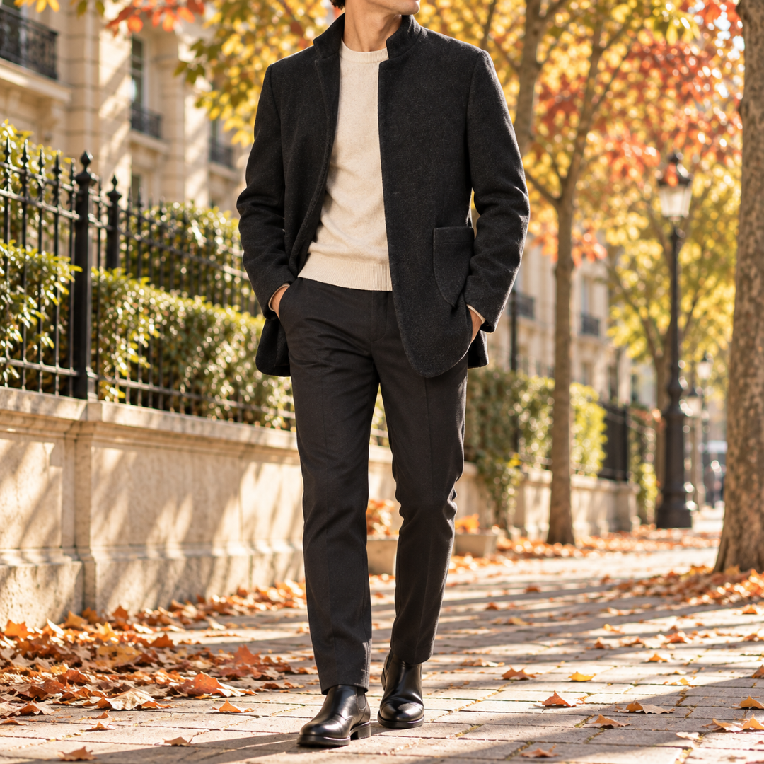 Veste homme noire ouverte sur un pull écru, pantalon droit et bottines