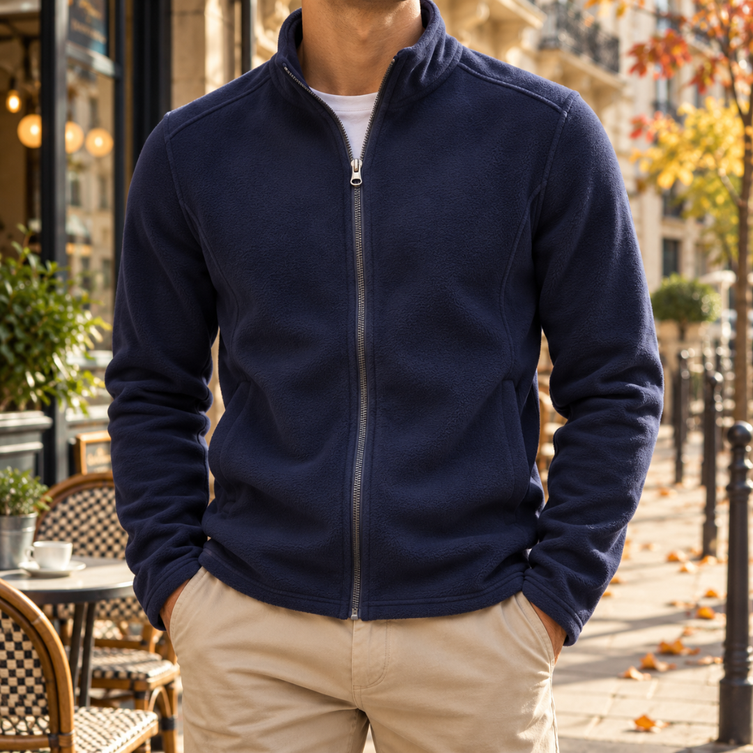 Veste homme bleu marine à col montant, zip argenté et surface texturée mate
