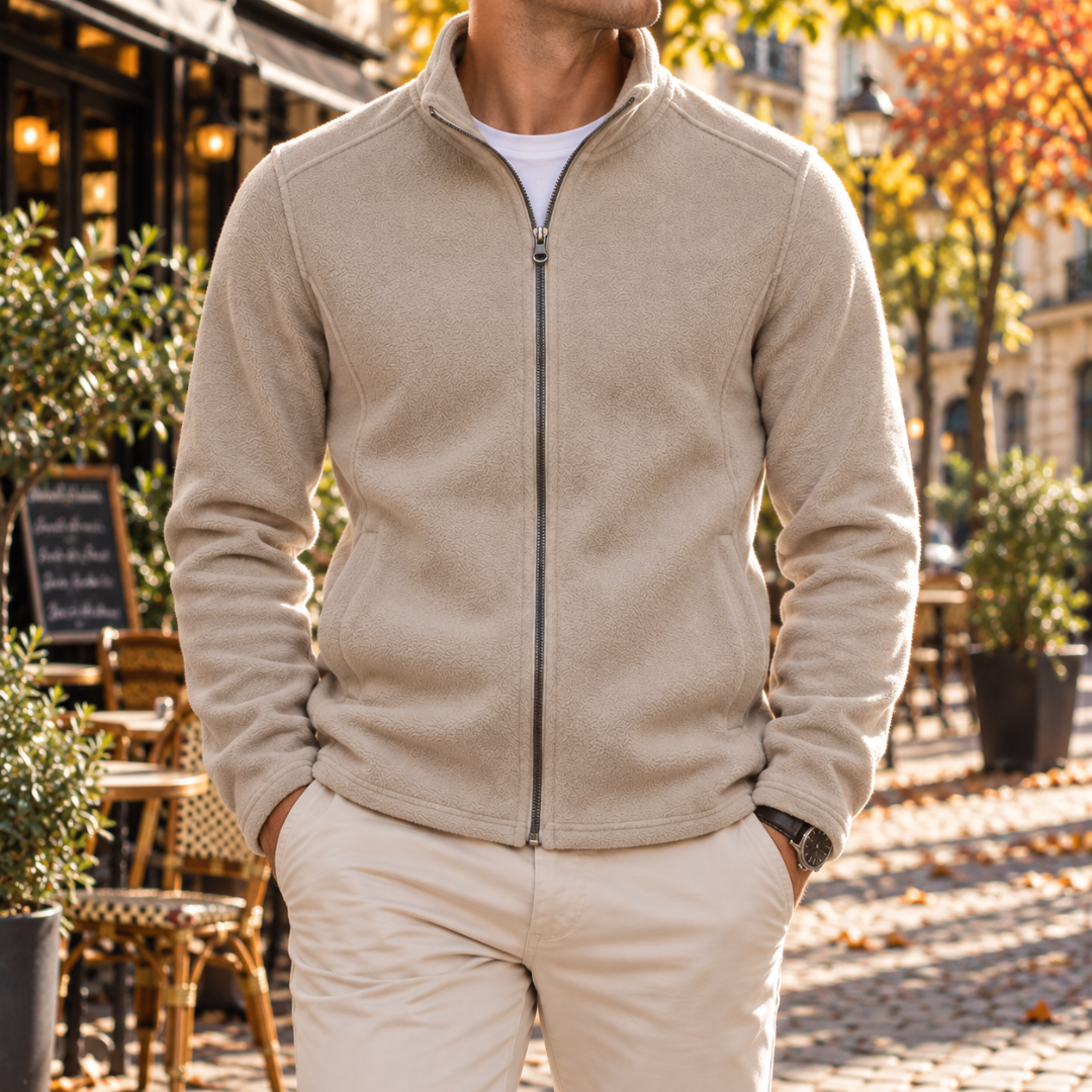 Veste homme camel à col montant, fermeture zippée et poches latérales, vue de face