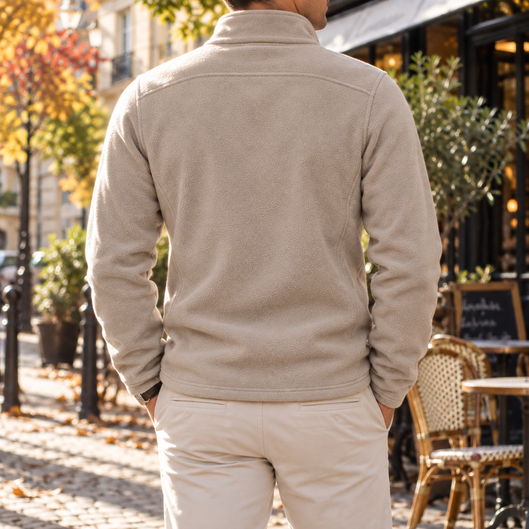 Dos de la veste camel avec empiècement d'épaules surpiqué et surface texturée