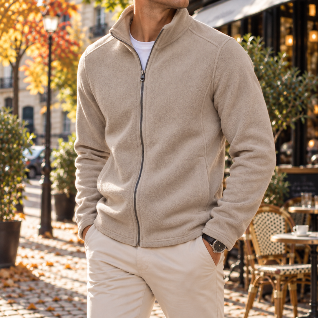 Veste homme camel zippée jusqu'en haut, manches longues et découpes verticales surpiquées