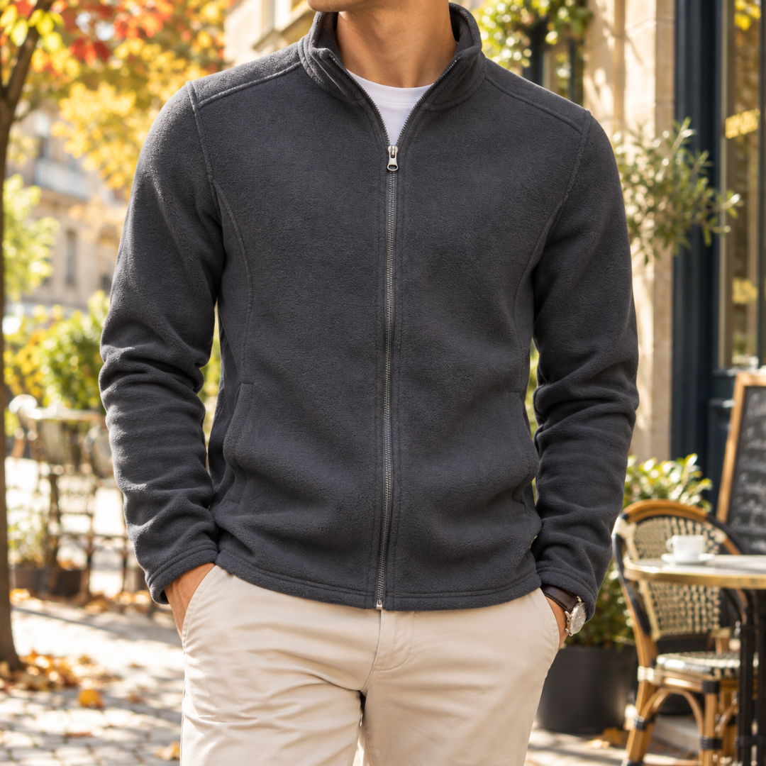 Veste homme gris foncé à col montant et fermeture zippée, poches latérales discrètes