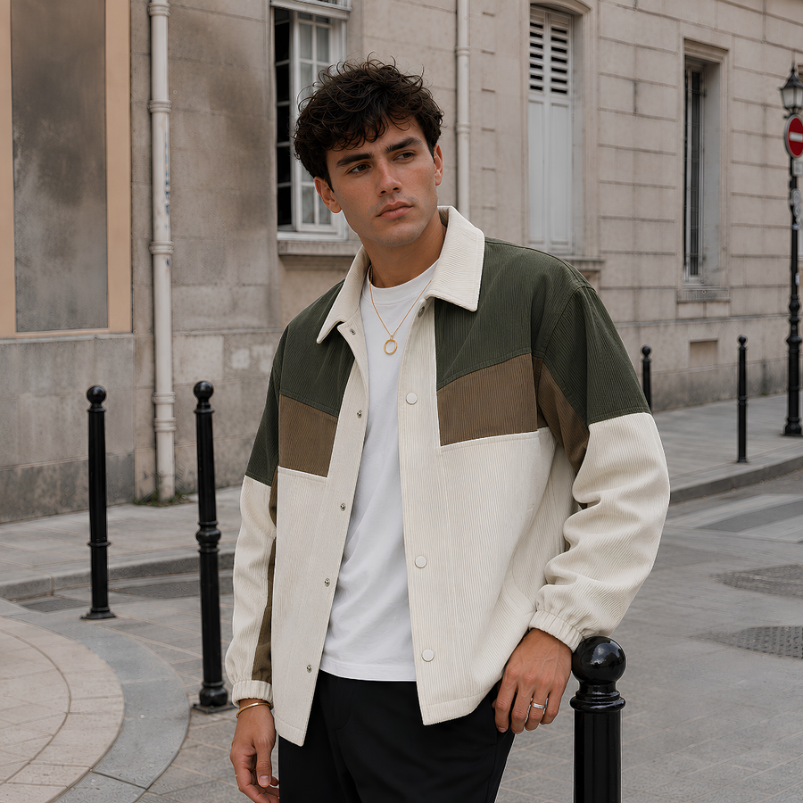 Veste crème color block avec col chemise et boutons pression, portée sur t-shirt blanc