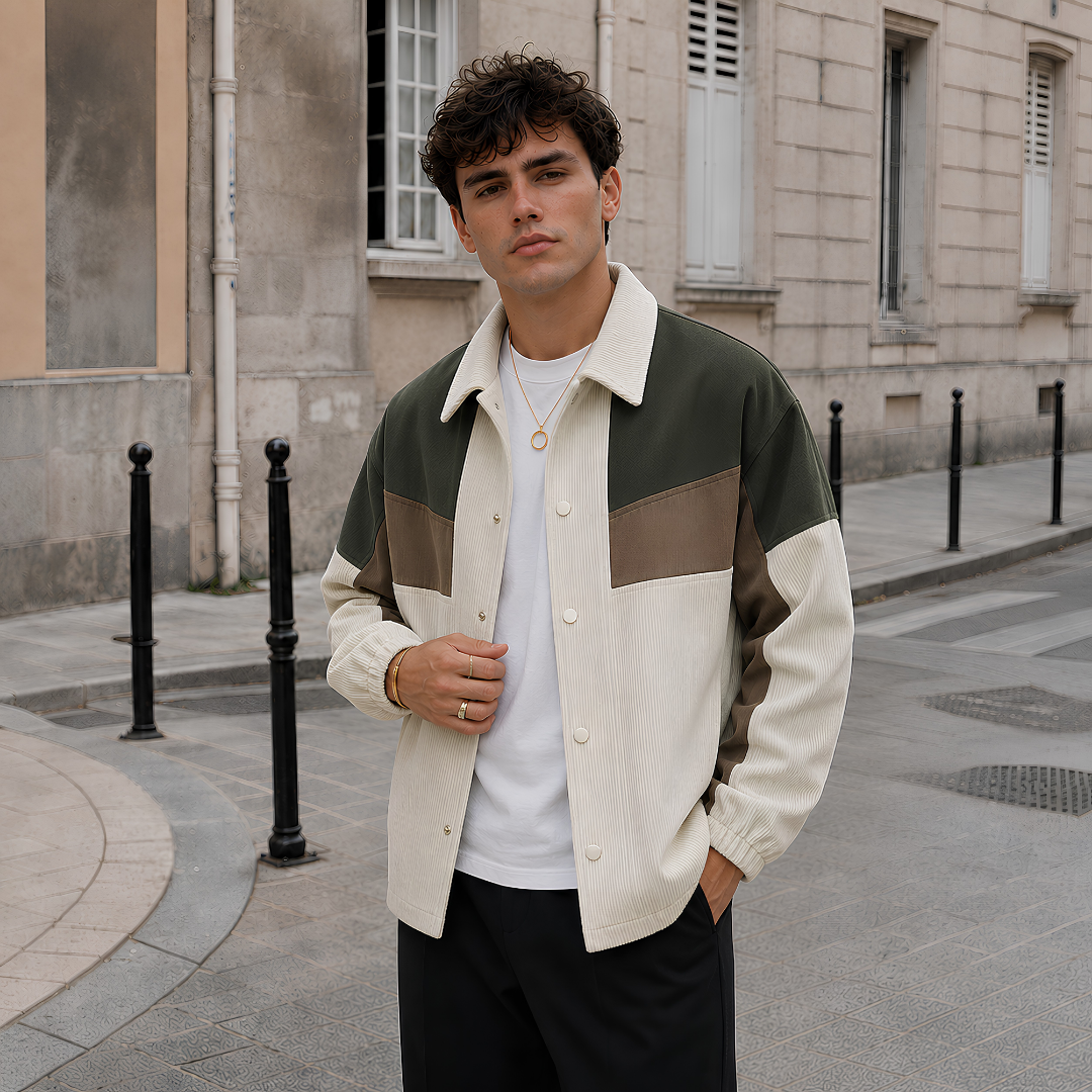 Veste homme crème côtelée de face, poignets resserrés et fermeture à boutons pression