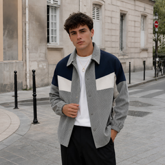 Veste homme grise en velours côtelé avec empiècements marine et blanc, col chemise ouvert