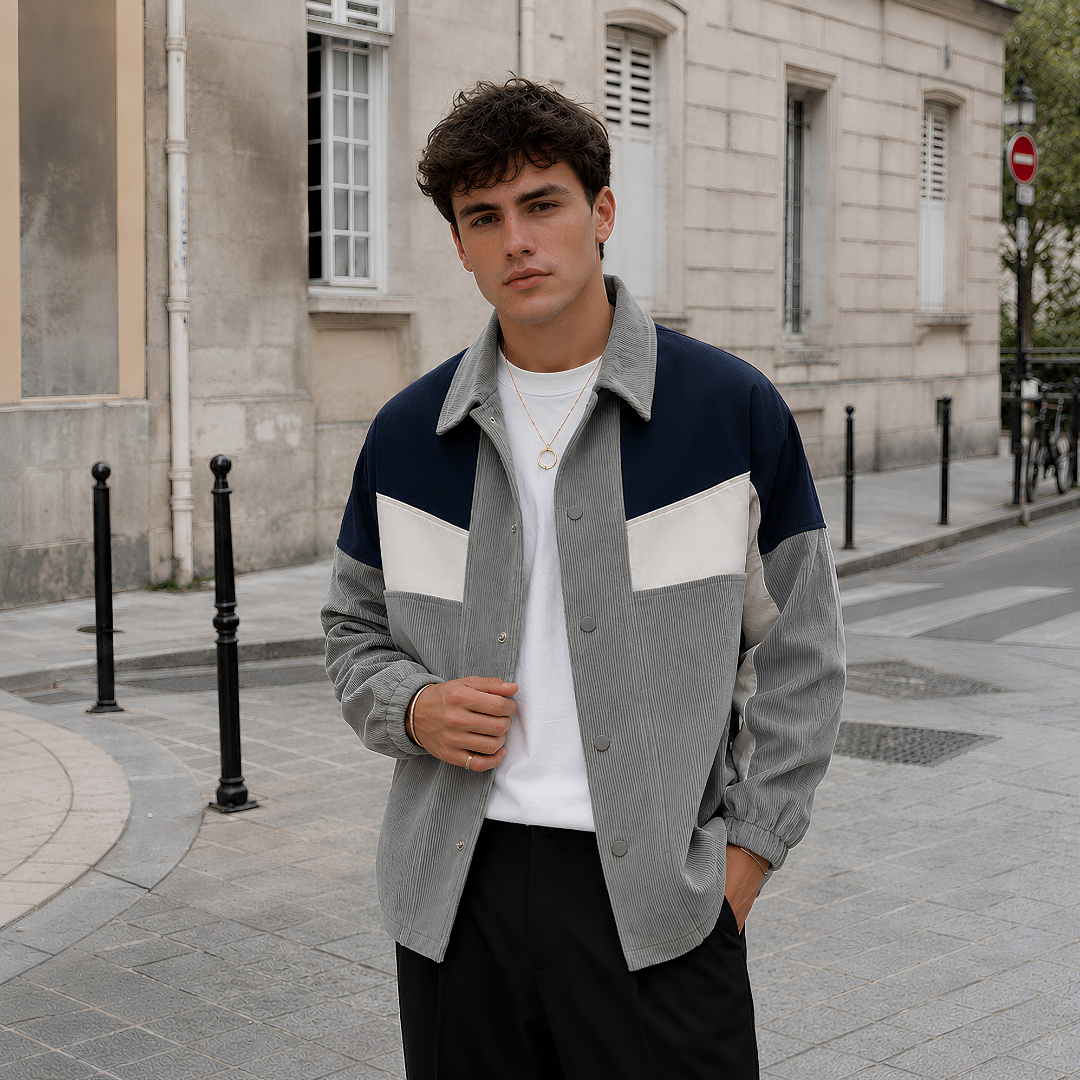 Veste homme grise en velours côtelé avec empiècements marine et blanc, col chemise ouvert