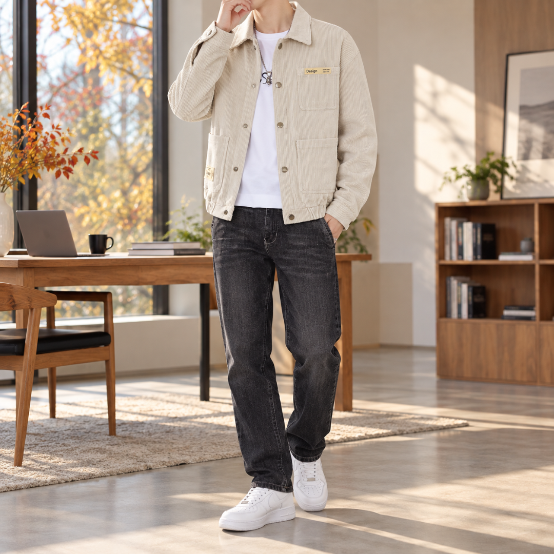Veste homme en velours côtelé blanc, col chemise et poches plaquées boutonnées