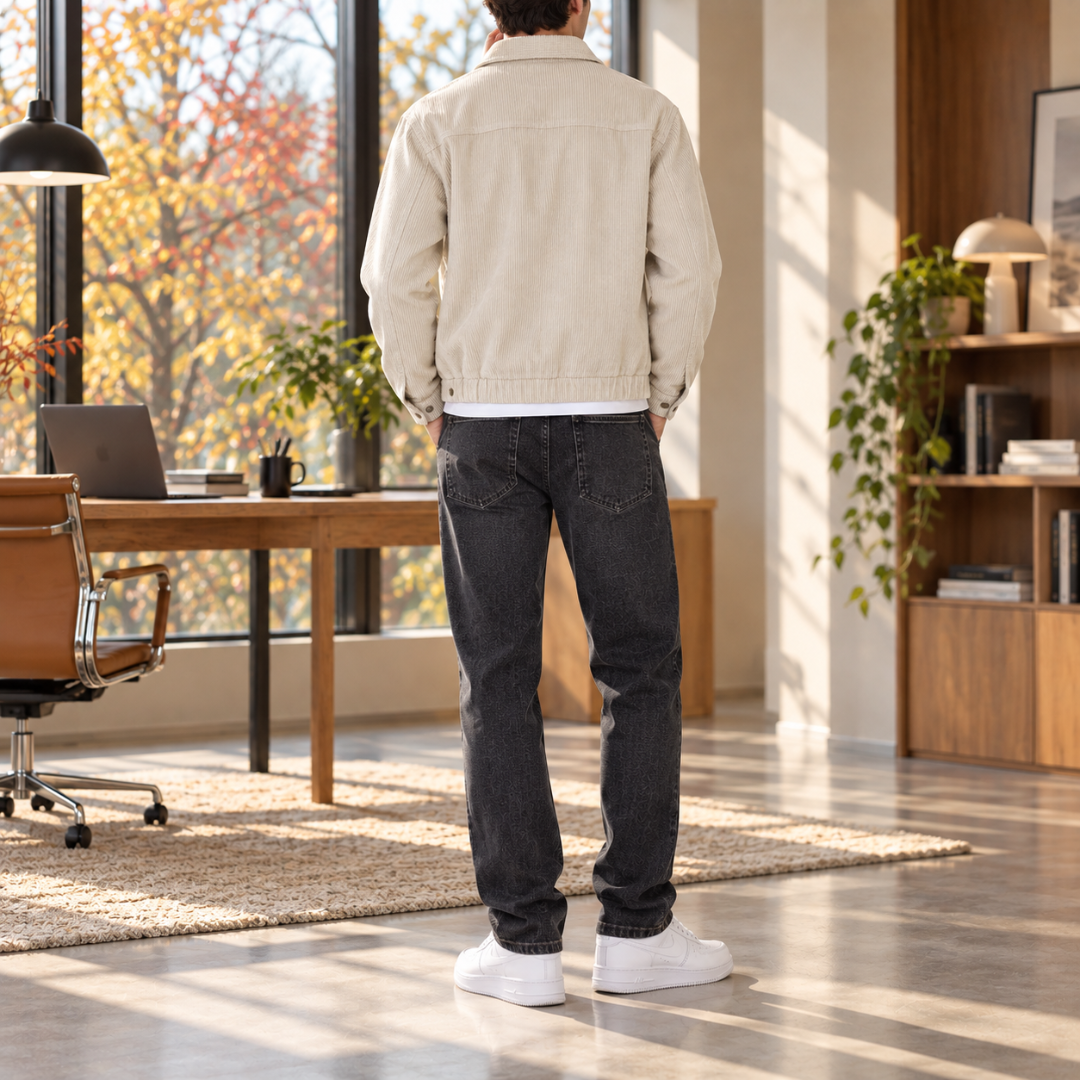 Dos d'une veste homme blanche en velours côtelé avec côtes verticales marquées