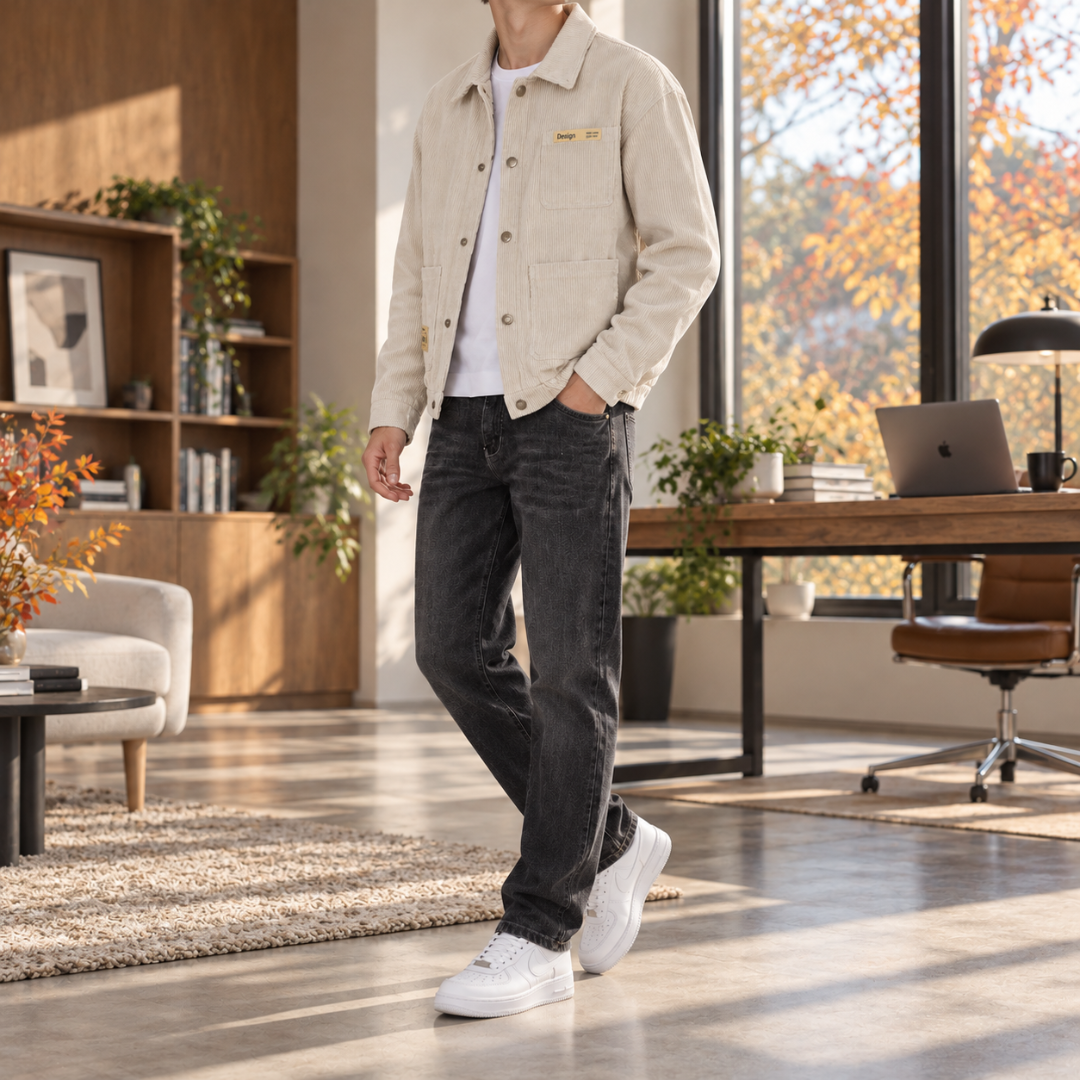 Veste homme blanche en velours côtelé avec étiquette contrastée sur la poitrine