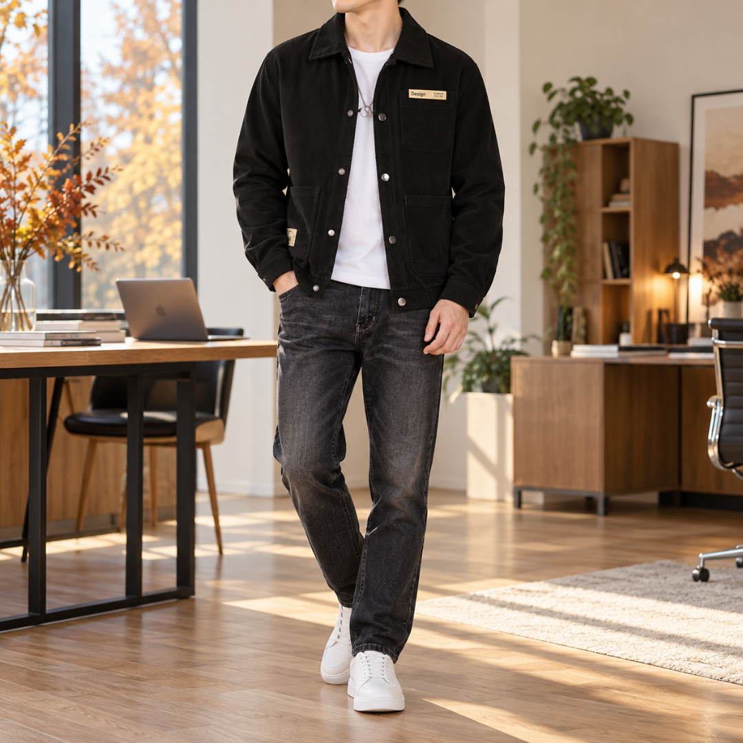Veste homme noire en velours côtelé portée ouverte, col chemise et poche poitrine