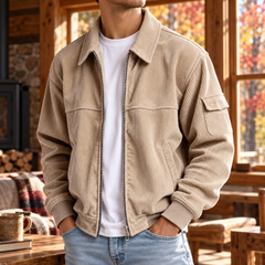 Veste homme beige en velours côtelé, col chemise et poches passepoilées à la taille