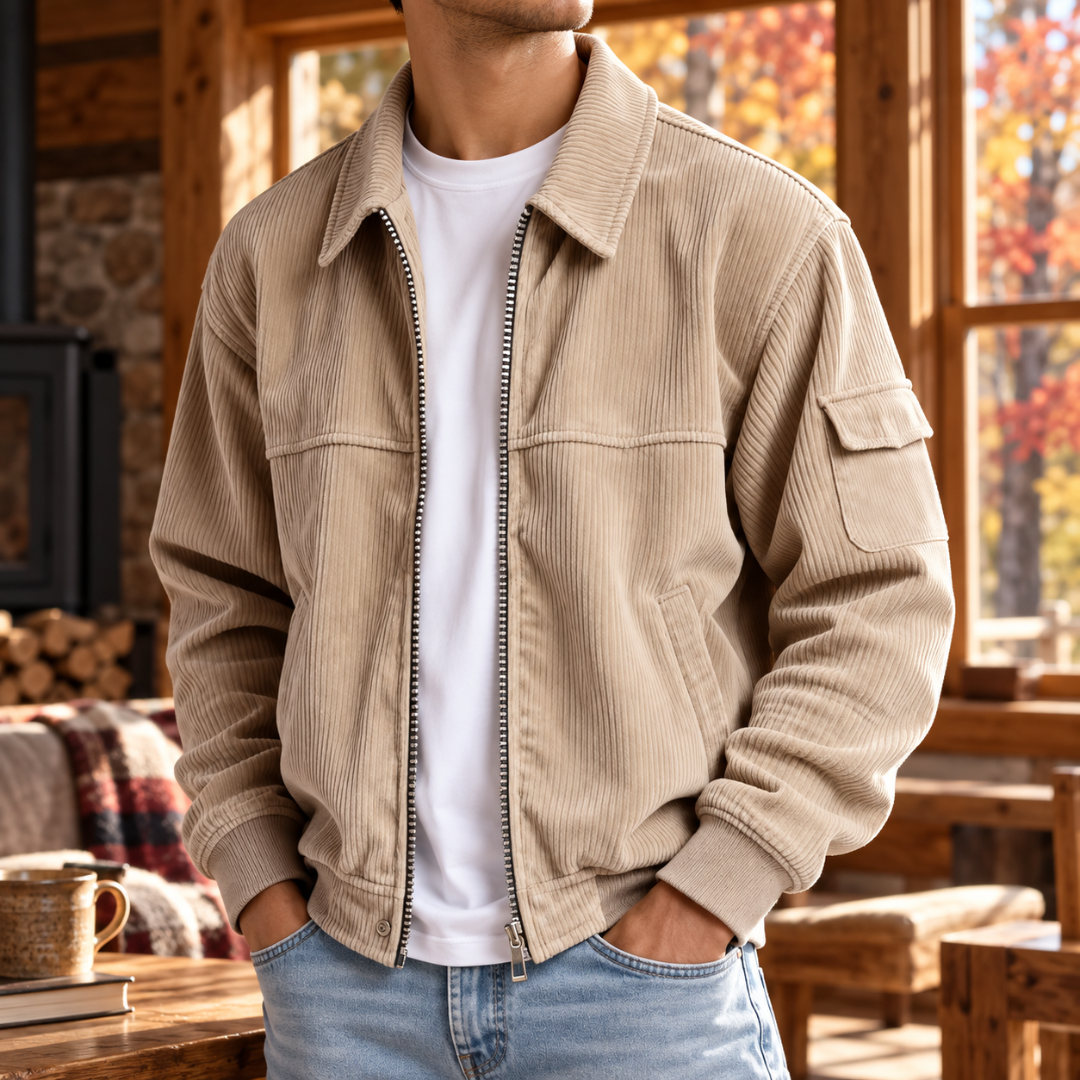 Veste homme beige en velours côtelé, col chemise et poches passepoilées à la taille