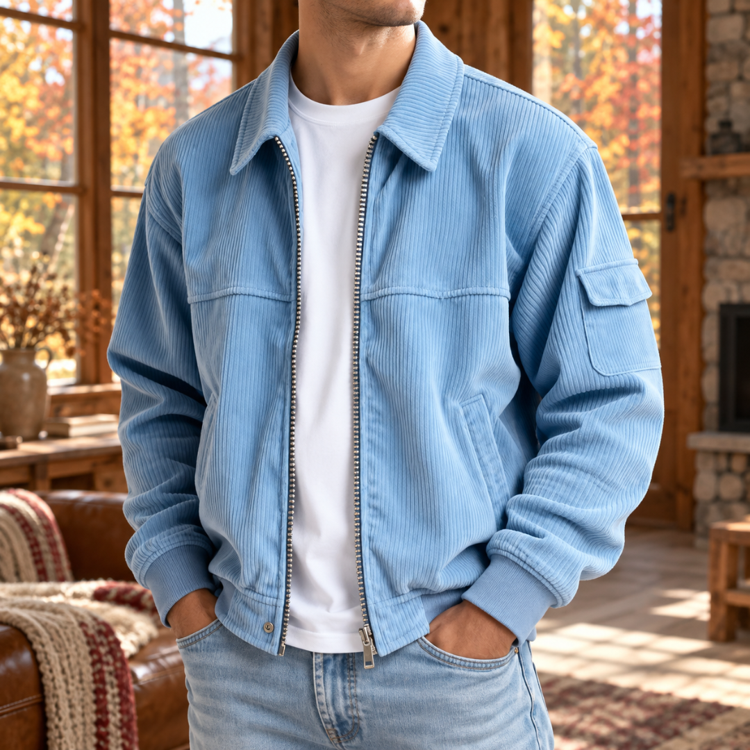 Veste homme bleu clair en velours côtelé avec zip ouvert et poignets côtelés