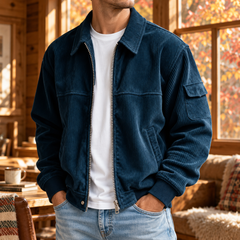 Veste homme bleu marine en velours côtelé, col chemise large et poche de manche