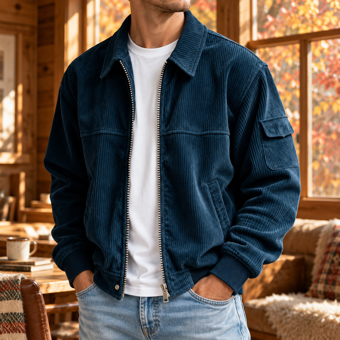 Veste homme bleu marine en velours côtelé, col chemise large et poche de manche