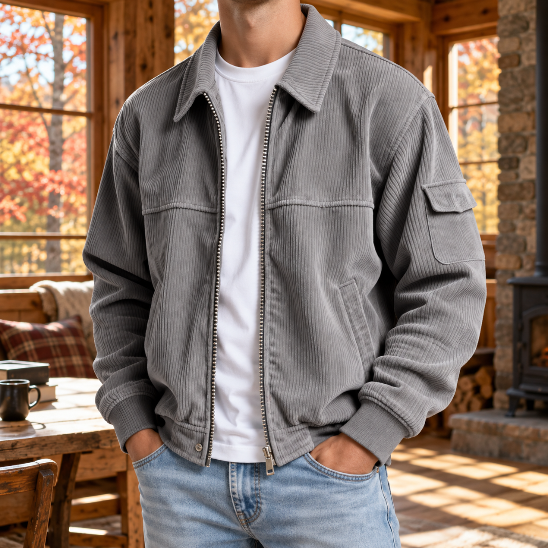 Veste homme grise en velours côtelé, poche à rabat sur la manche et col chemise