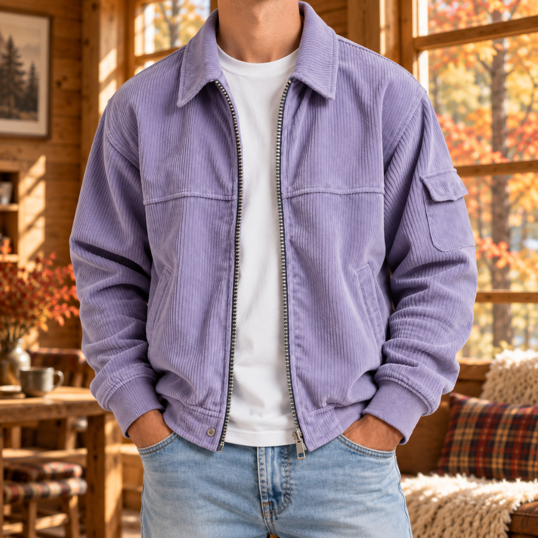 Veste homme lavande en velours côtelé, col chemise ouvert et fermeture zippée argentée
